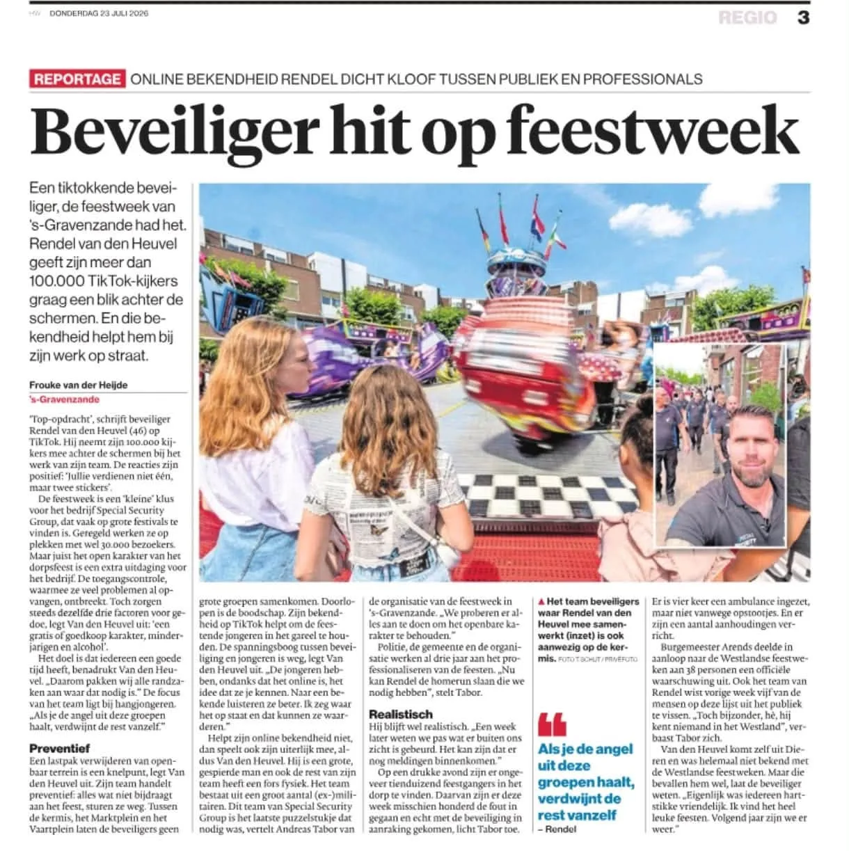 Krantenpagina met het artikel Beveiliger hit op feestweek over Rendel van den Heuvel en het team van SSG